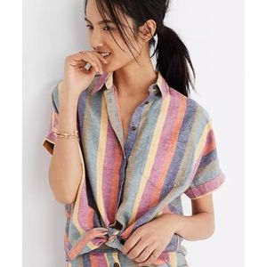 Madewell Rainbow Stripe Linen Blend Tie Front Short Sleeve Button down Blouse M.